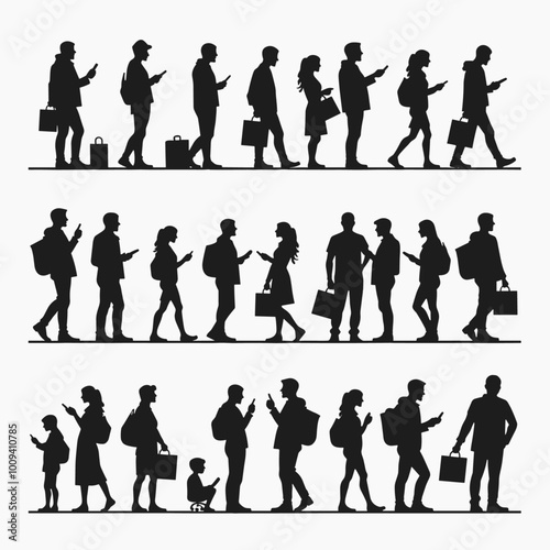 Silhouettes of diverse individuals walking and using mobile phones, showcasing urban life's digital connectivity.