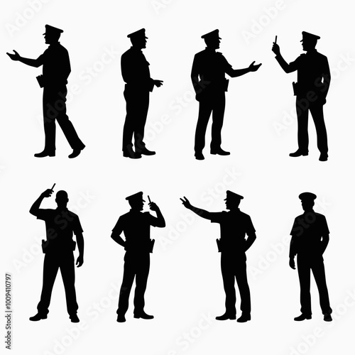 Silhouettes of male police officers in various poses expressing authority and communication on a white background.