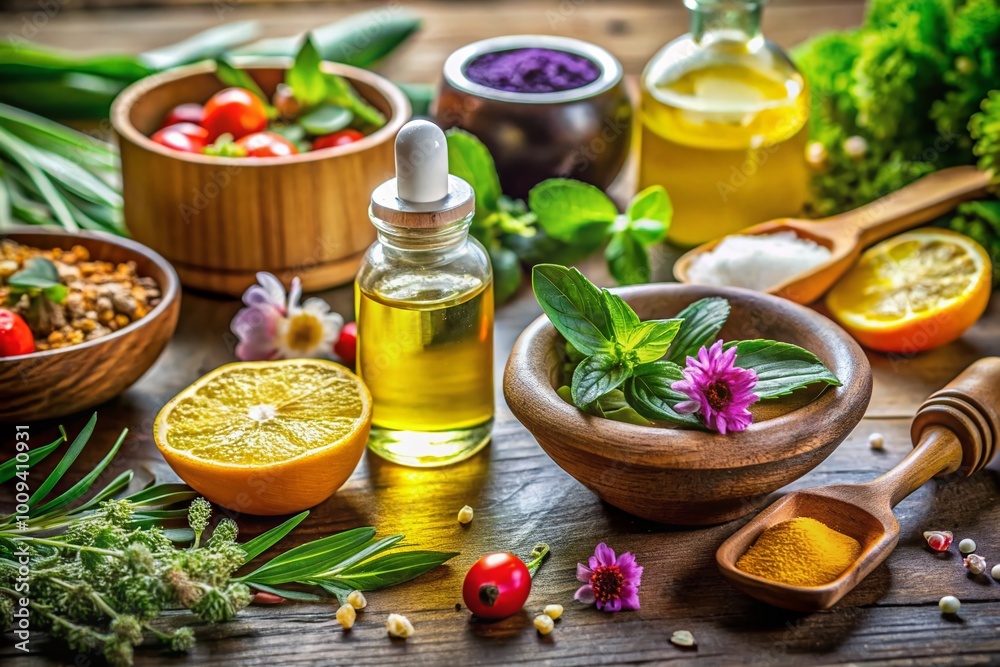 Natural Skincare Facial Treatment with Essential Oils and Fresh Ingredients on a Serene Table Setting Natural Skincare Facial Treatment with Essential Oils and Fresh Ingredients on a Serene Table Setting