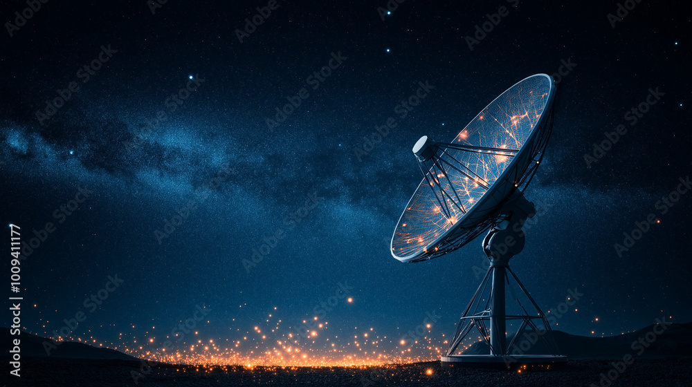 Satellite dish pointing to the sky, blended with a map of the world and glowing data points, symbolizing international communication