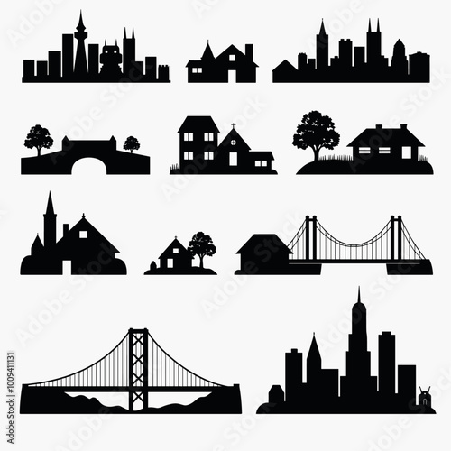A collection of black silhouette cityscapes and rural scenes showcasing a variety of buildings, bridges, and trees against a white background.