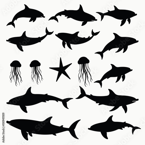 Silhouettes of various sharks, jellyfish, and a starfish on a white background, showcasing marine life diversity. photo