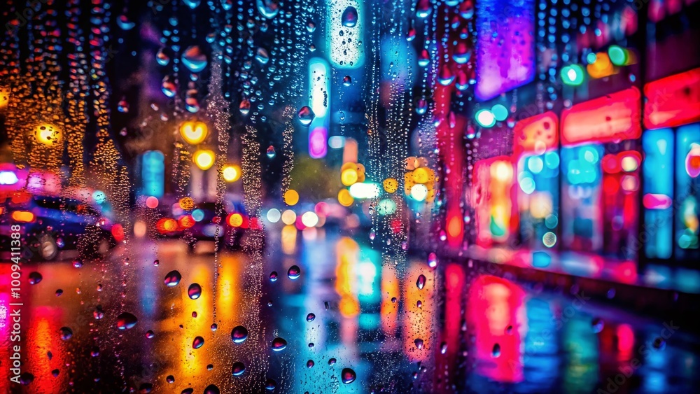 Neon Lights Reflected on Rain-Drenched Window Creating a Moody Urban Atmosphere at Night
