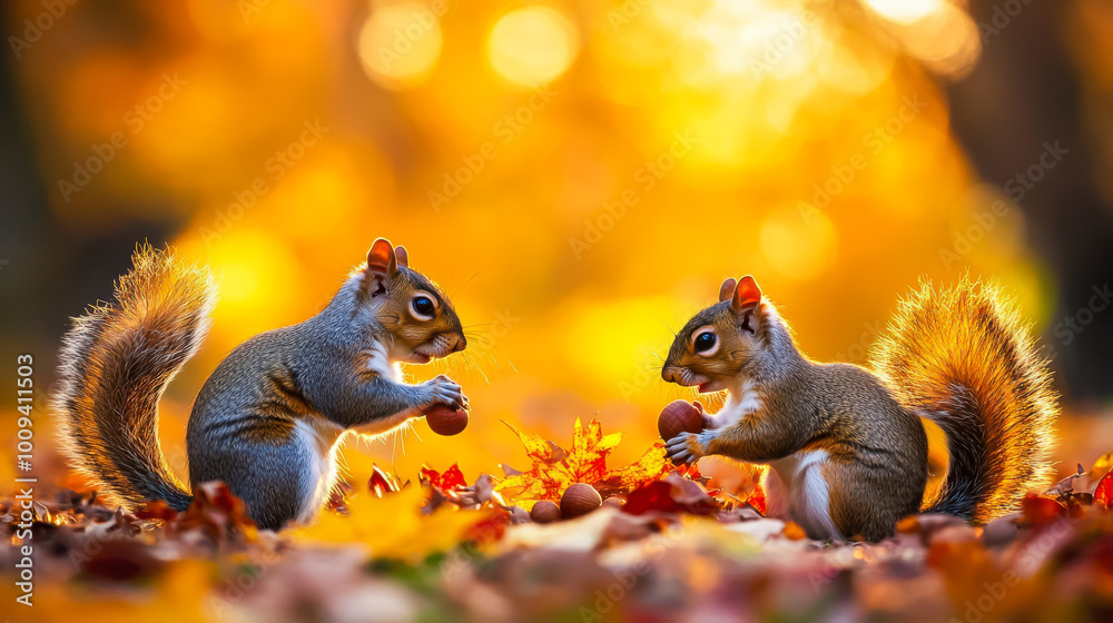 Two squirrels gather acorns among vibrant autumn leaves in a sunlit forest during the fall season Two squirrels gather acorns among vibrant autumn leaves in a sunlit forest during the fall season