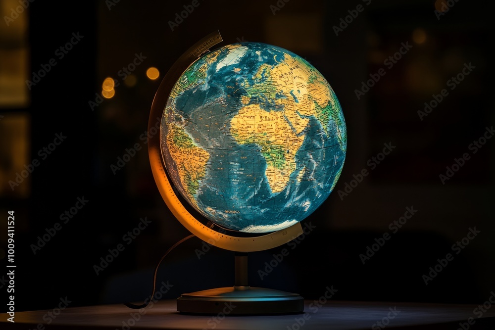 A beautifully illuminated globe representing Earth. The colors pop against a dark background. Ideal for education, travel, and design projects. Generative AI