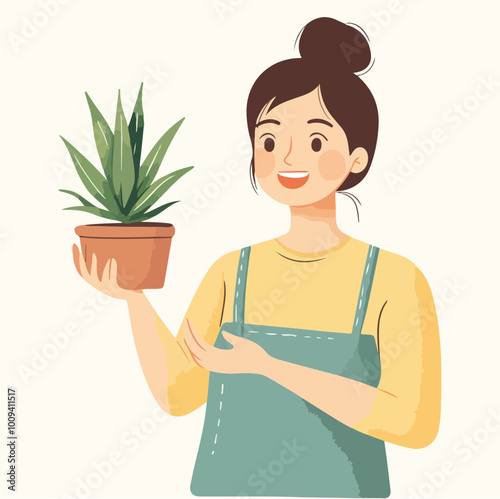 Young woman caring for houseplant gardener vector illustration