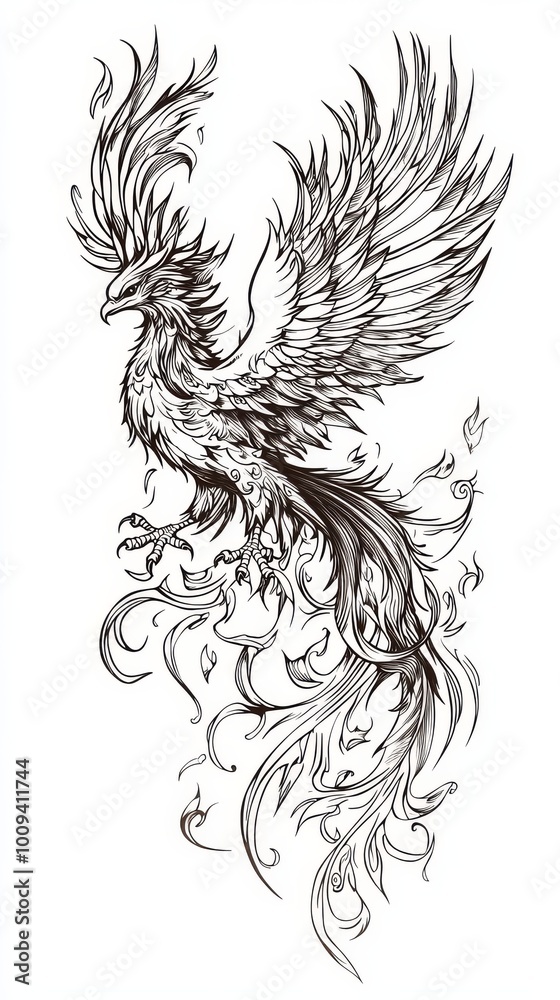Obraz premium Simple line drawing of a phoenix with flames, white background, tattoo design 