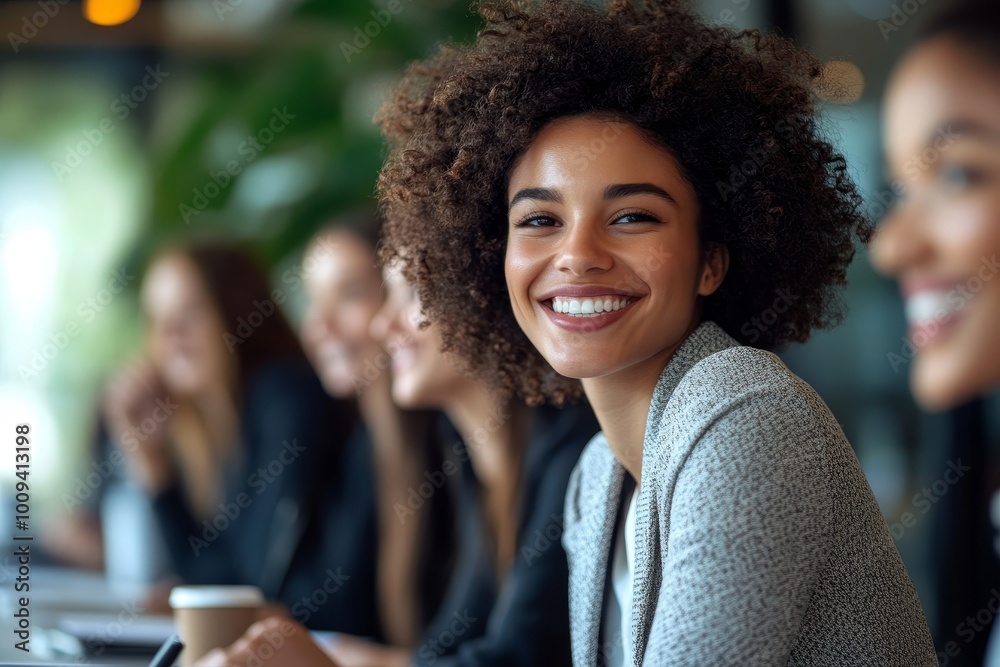 Cheerful young businesswomen sitting in a meeting, Generative AI Cheerful young businesswomen sitting in a meeting, Generative AI