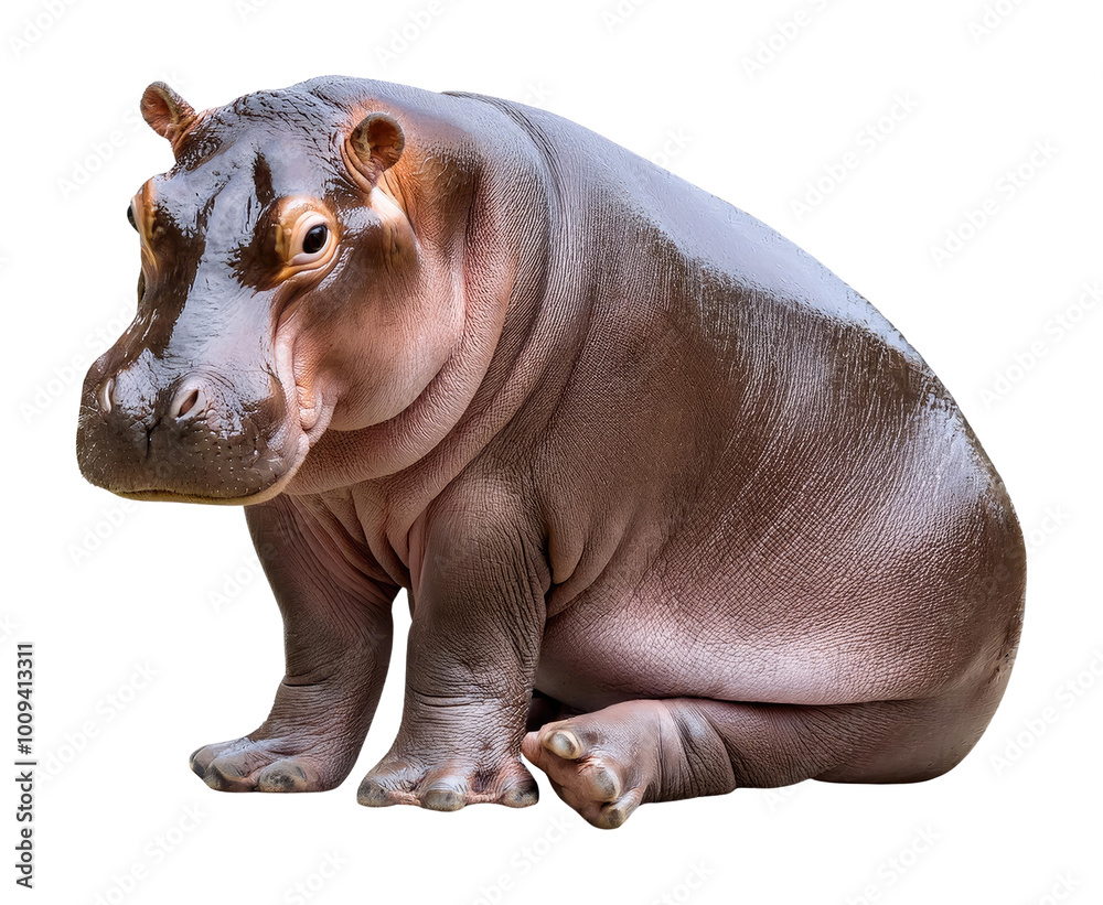 Fototapeta premium Baby Hippopotamus Sitting Isolated on Transparent Background.