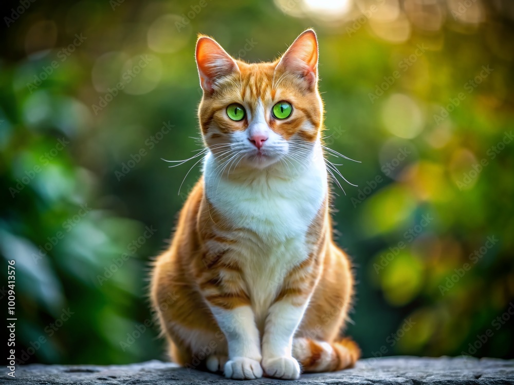 Orange and White Cat with Striking Green Eyes Sitting Gracefully on a Soft Surface in Natural Light Orange and White Cat with Striking Green Eyes Sitting Gracefully on a Soft Surface in Natural Light