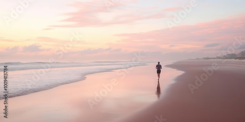 A lone runner jogging along a serene beach at sunset, reflecting on the tranquil waters.