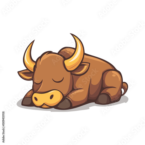 Cute bull laying on floor flat illustration