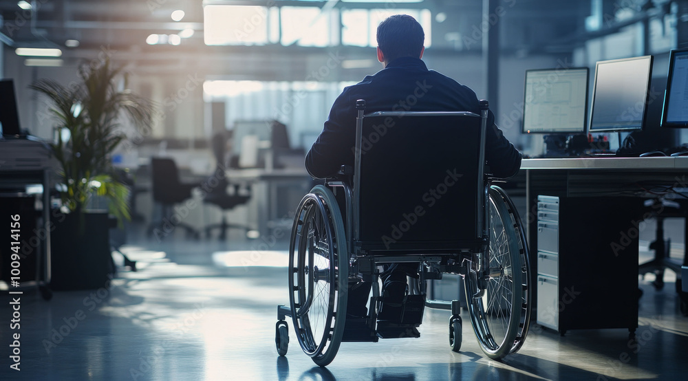 Rear view of a man in a wheelchair is in the office with computers. Concept of work integration Rear view of a man in a wheelchair is in the office with computers. Concept of work integration