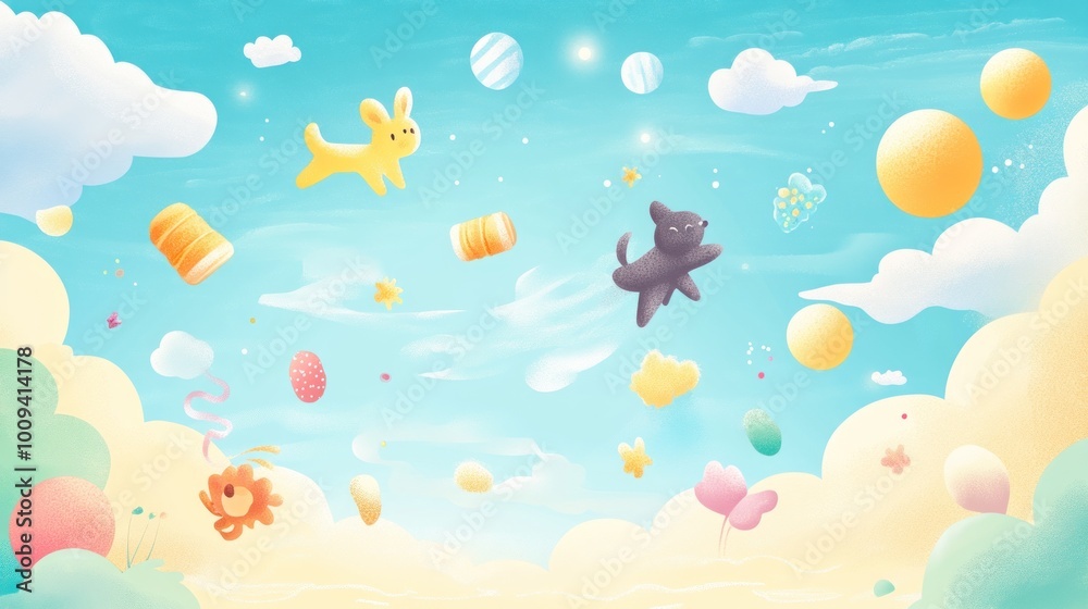 A whimsical sky filled with playful animals and colorful sweets, creating a cheerful atmosphere. A whimsical sky filled with playful animals and colorful sweets, creating a cheerful atmosphere.