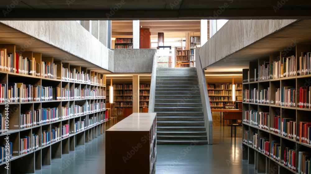 Modern library interior featuring concrete architecture and wooden bookshelves in a spacious, well-lit reading area during daytime Modern library interior featuring concrete architecture and wooden bookshelves in a spacious, well-lit reading area during daytime