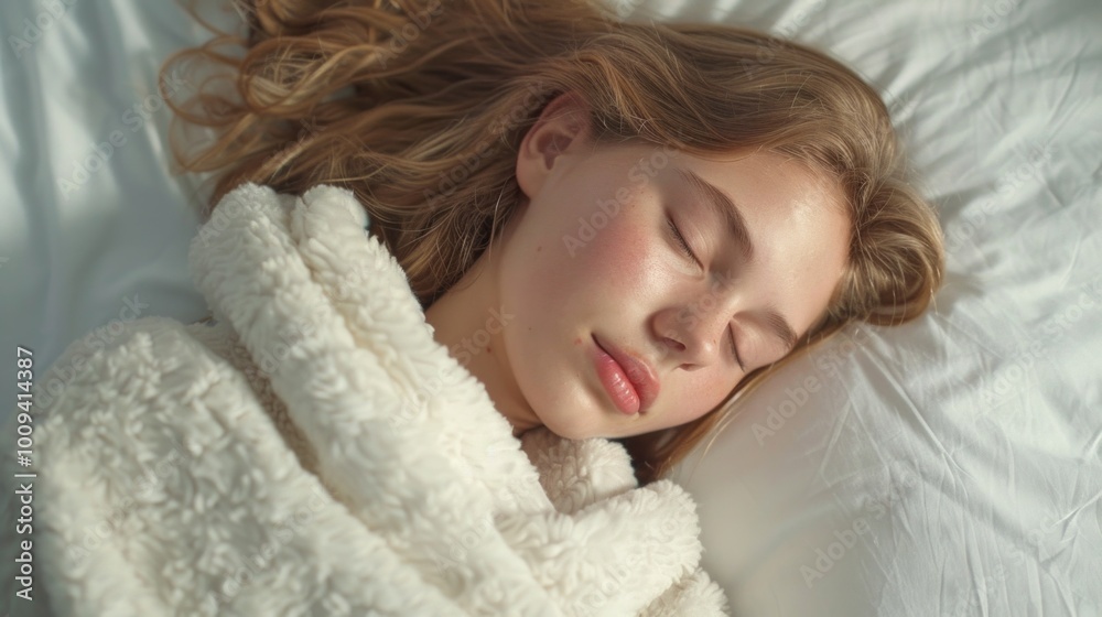 A woman is sleeping with a white blanket wrapped around her A woman is sleeping with a white blanket wrapped around her