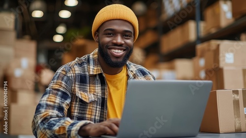 Cheerful online store owner preparing an order for shipping, Generative AI