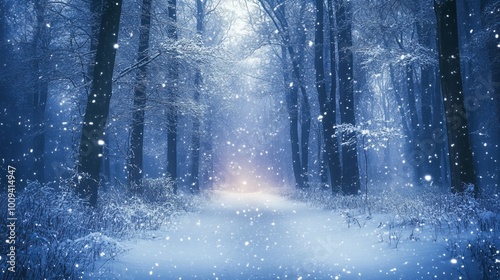 Enchanting winter forest with gentle snowfall, evoking a magical fairy tale atmosphere