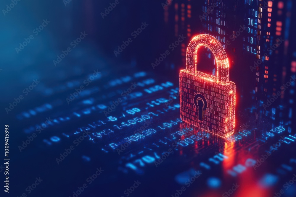 A digital padlock symbolizing cybersecurity amidst binary code. A digital padlock symbolizing cybersecurity amidst binary code.