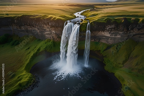 View from flying drone. Attractive summer view of Seljalandsfoss waterfall. Captivating sunrise in Iceland, Europe. Freat outdoor scene. Generative AI photo