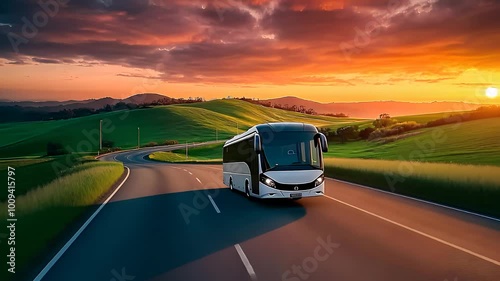 Modern Bus Traveling on Scenic Road at Sunset photo