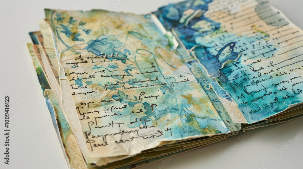 Open creative notebook with handwritten text and watercolor illustrations of delicate flowers and abstract patterns. Vintage atmosphere of creativity and self-expression Open creative notebook with handwritten text and watercolor illustrations of delicate flowers and abstract patterns. Vintage atmosphere of creativity and self-expression