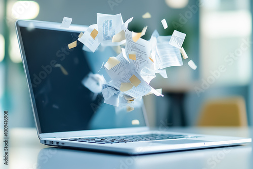 Digital documents and papers seemingly flying out of a laptop screen, symbolizing data overload or digital work in a modern office setting