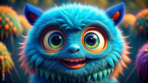 Playful Blue Monster Character with Big Eyes and Fuzzy Fur in a Whimsical Cartoon Style Setting