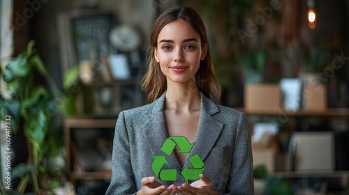 A confident young woman stands in a workspace, holding a green recycling emblem to signify the promotion of the green agenda and sustainable development ideas. photo