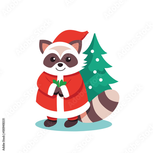 Merry Christmas raccoon  with pine tree and snta dress photo