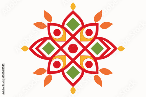 Kolam (Rangoli) decorative design made of rice flour at home entrance to welcome prosperity on white background