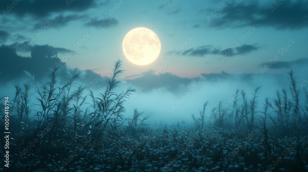 Fototapeta premium Mystical Moonlight Over Foggy Field
