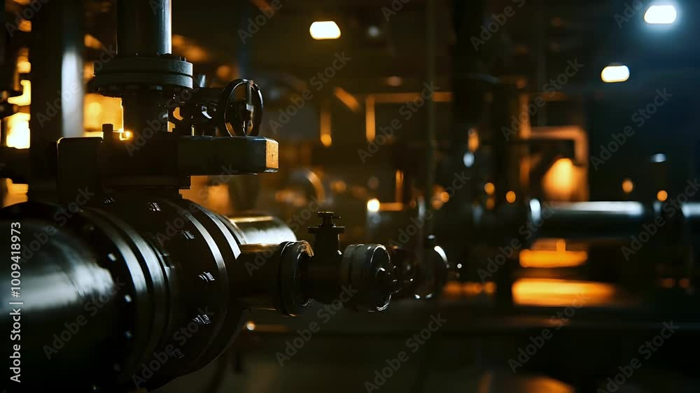 Industrial pipes and machinery illuminated by warm lights create a dynamic atmosphere in a factory setting showcasing engineering and technology Industrial pipes and machinery illuminated by warm lights create a dynamic atmosphere in a factory setting showcasing engineering and technology