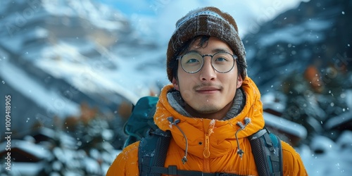 Man in warm jacket and hat against ski resort background with copyspace