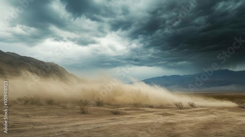 A dramatic landscape featuring a dust storm under dark, ominous clouds.