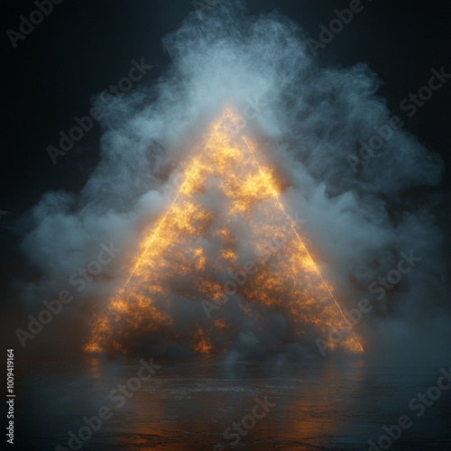una piramide de humo hecha por laser de color blanco con tonos dorados