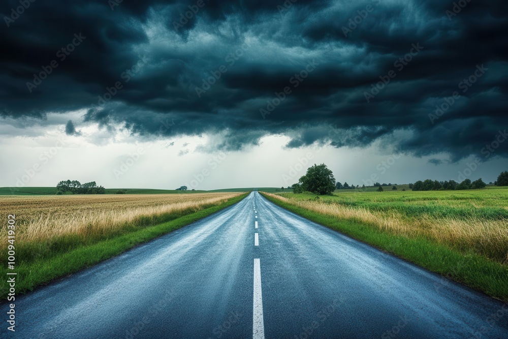 Naklejka premium A dramatic road scene under dark, stormy clouds, suggesting an impending storm.