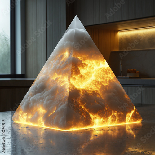 una piramide de humo hecha por laser de color blanco con tonos dorados