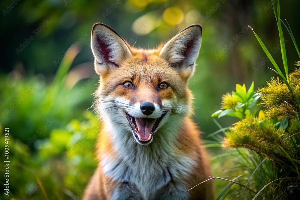 Fototapeta premium Playful Fox Laughing in a Natural Setting, Capturing the Joy of Wildlife in a Vibrant Environment