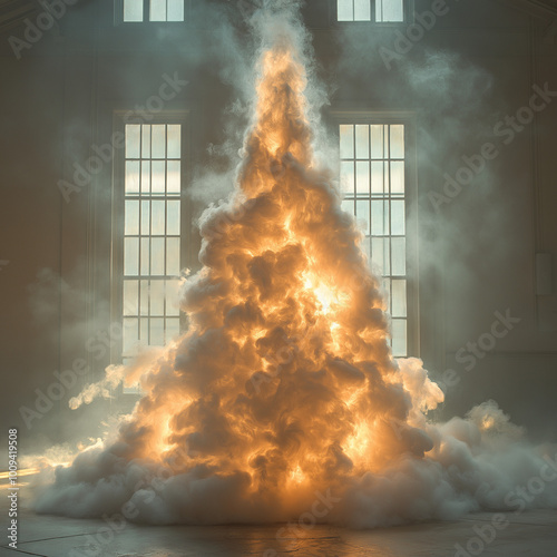 una piramide de humo hecha por laser de color blanco con tonos dorados