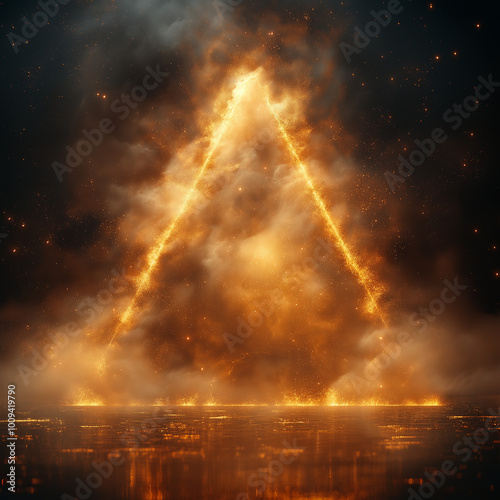 una piramide de humo hecha por laser de color blanco con tonos dorados