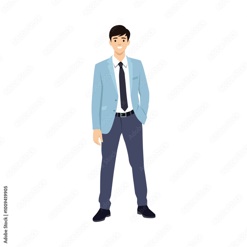 Asian business man in blue suit with hand inside pocket. Flat vector illustration isolated on white background Asian business man in blue suit with hand inside pocket. Flat vector illustration isolated on white background