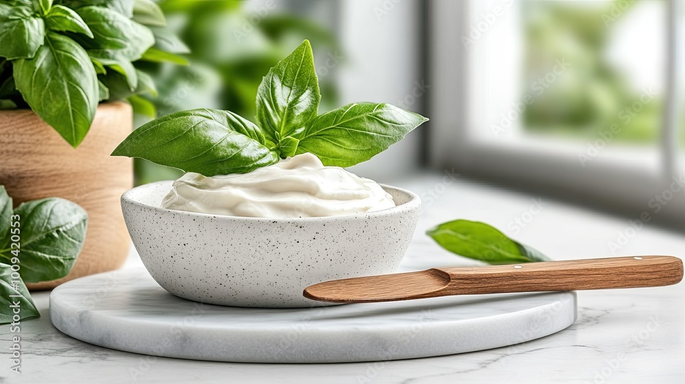 A beautiful display of fresh burrata cheese is complemented by juicy tomatoes and vibrant basil leaves, all arranged on a smooth white marble board A beautiful display of fresh burrata cheese is complemented by juicy tomatoes and vibrant basil leaves, all arranged on a smooth white marble board