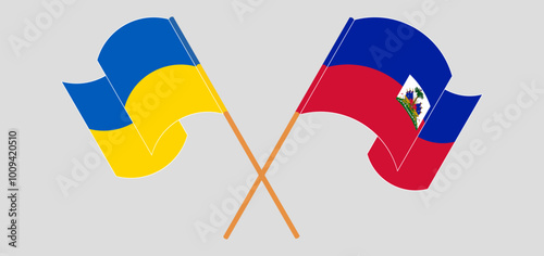 Crossed and waving flags of Ukraine and Republic of Haiti. Vector illustration