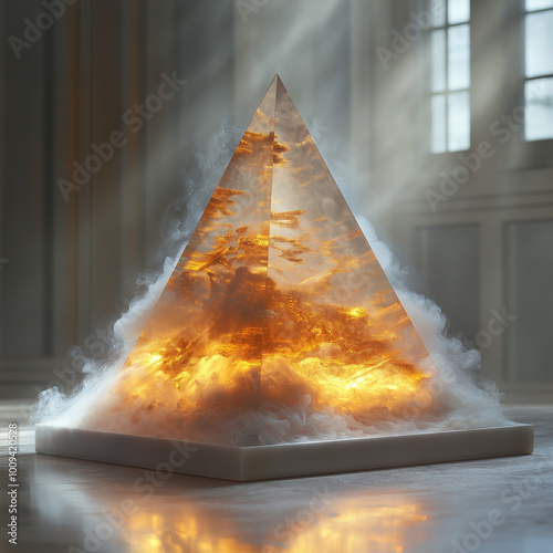 una piramide de humo hecha por laser de color blanco con tonos dorados