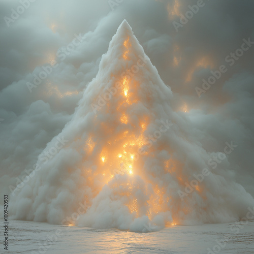 una piramide de humo hecha por laser de color blanco con tonos dorados