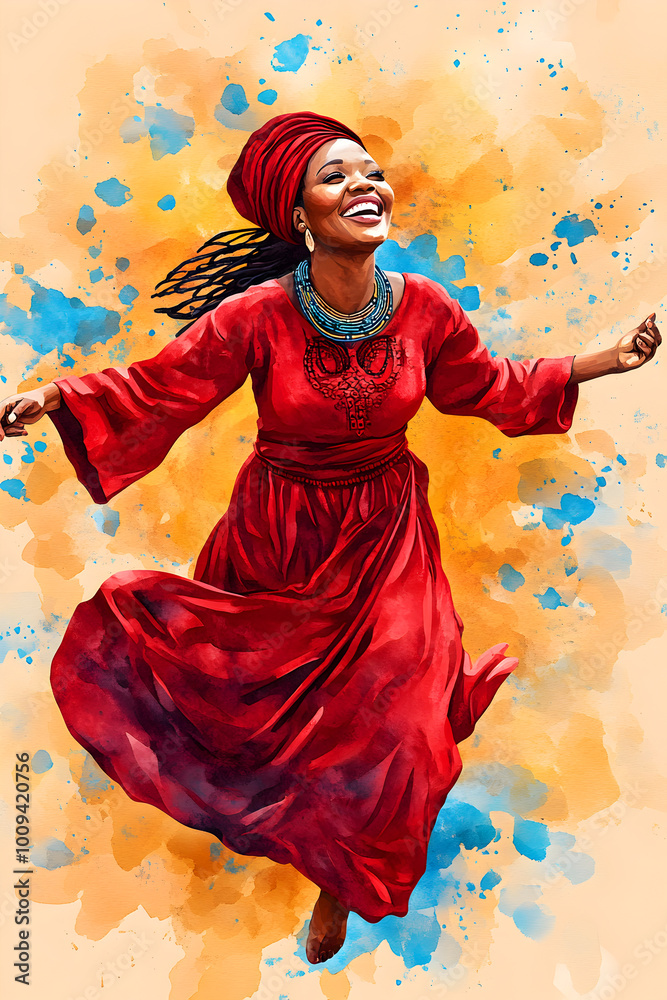 Fototapeta premium Vibrant watercolor artwork of an African woman in red traditional attire dancing with a joyous expression.