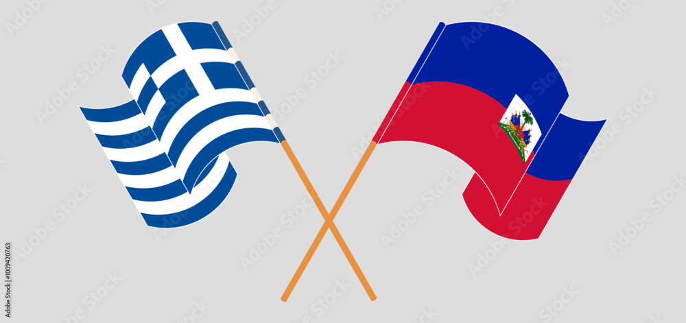 Crossed and waving flags of Greece and Republic of Haiti. Vector illustration Crossed and waving flags of Greece and Republic of Haiti. Vector illustration