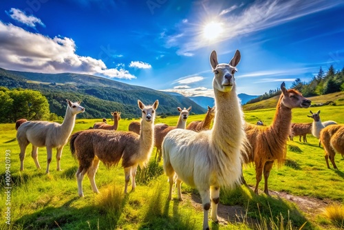 Playful Llamas Grazing in a Scenic Pasture Under a Clear Blue Sky on a Sunny Day in Nature