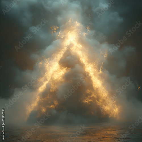 una piramide de humo hecha por laser de color blanco con tonos dorados